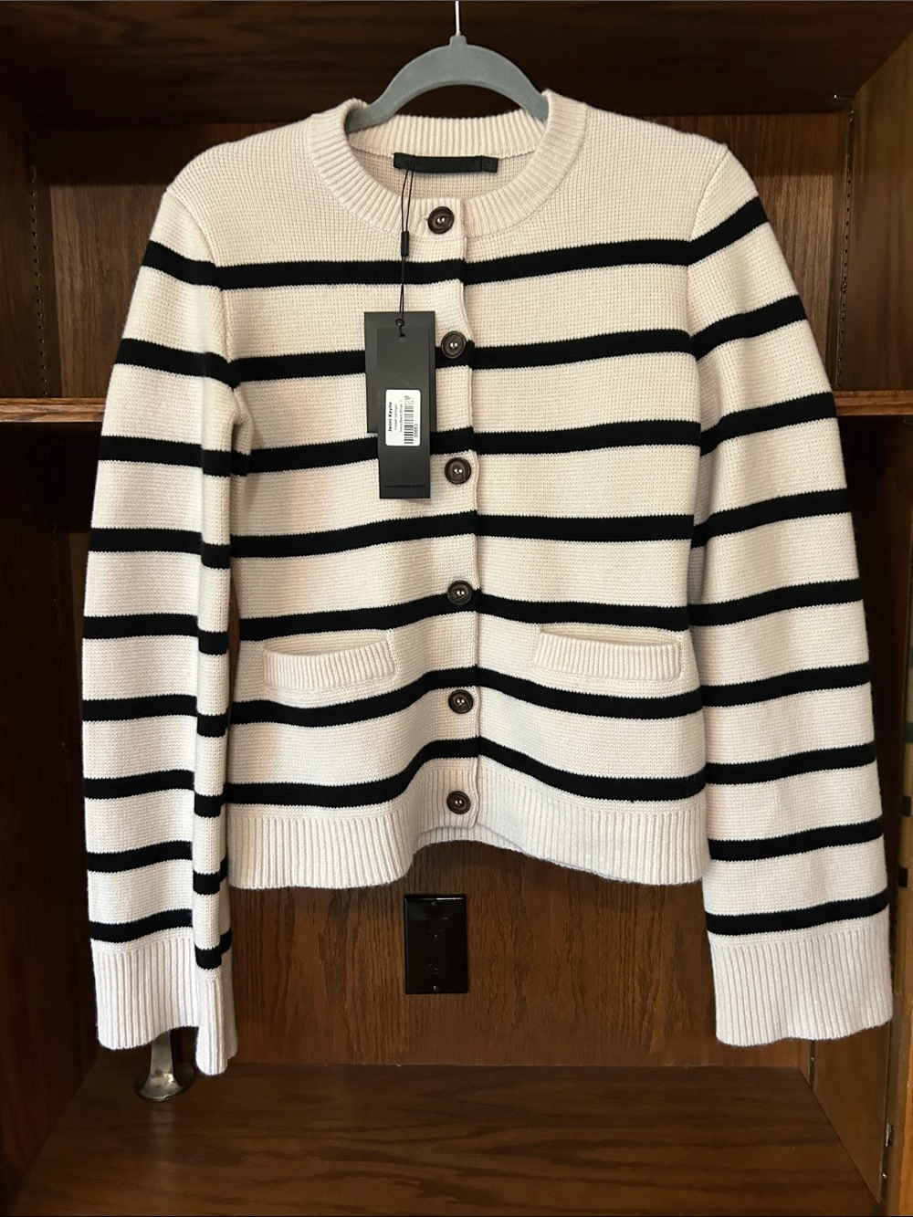 Jenni Kayne Cooper Cream & Black Striped Button-Front Cardigan Cashmere and Wool